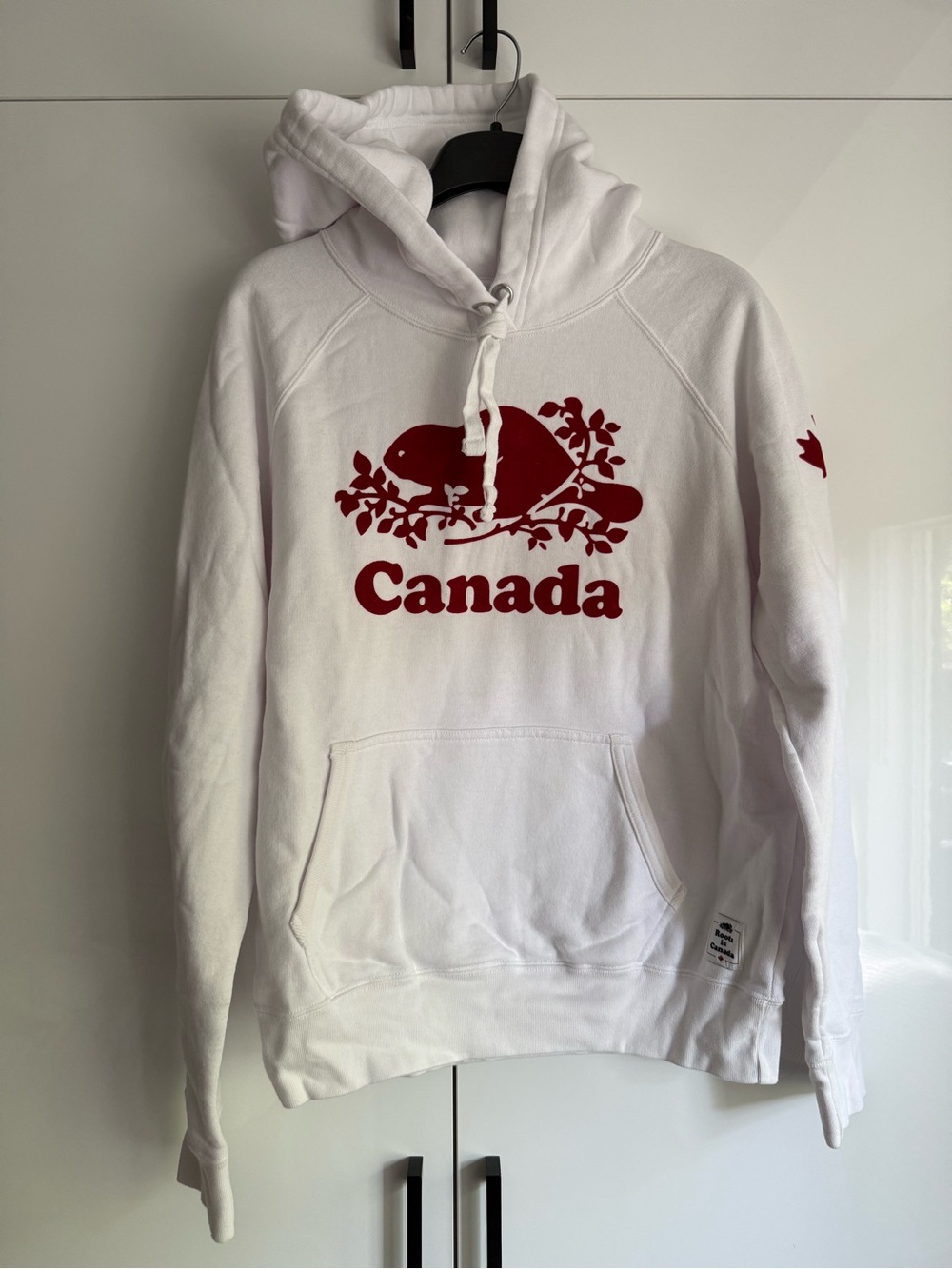 Roots White Hoodie with Red Canada Beaver Logo